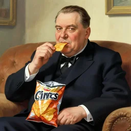 an anime art of nikita khrushchev sitting on a couch and eating a bag of corn chips, digital painting, highly detailed, illustration
