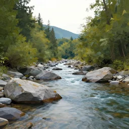a beautiful landscape, river, rocks, trees, by greg rutkowski, polygonal
