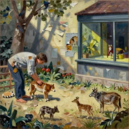 petting zoo with small creatures by shaun tan, intricate, detailed, torn paper decollage, oil on canvas by edward hopper, ( by mattias adolfsson ),