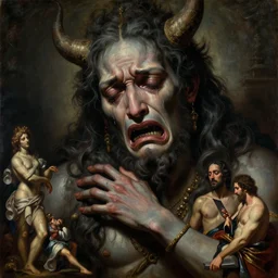 a cinematic crying masterpiece closeup portrait of a colossal gothic Hindu demon god of grief, sorrow and despair, crying, by Wayne Barlowe, by Tim Hildebrandt, by Bruce Pennington, by Antonio Canova, by Caravaggio, by by Jacques-Louis David, oil on canvas, masterpiece, trending on artstation, featured on pixiv, cinematic composition, astrophotography, dramatic pose, beautiful lighting, sharp, details, details, details, hyper-detailed, no frames, HD, HDR, 4K, 8K