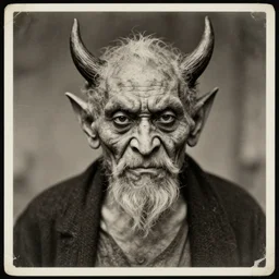 portrait of old demon, old vintage photography, damaged photo, film artifacts, scratches, tears, high sharpness, hyperrealistic, ultra detailed, 4 k