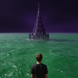 looking from space at green sea and dark purple illusion tower in the back, ornate and intricate, by greg rutkowski, by anton fadeev, by rhads, 4 k