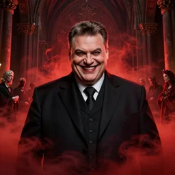 hyper realistic portrait of satanic viktor orban with evil smile in a monastery in hell, red mist, gorgeous lighting by kim jung giu weta studio, mucha, bautista and norman rockwell and greg rutkowski and tom bagshaw and james gurney and lucasfilm