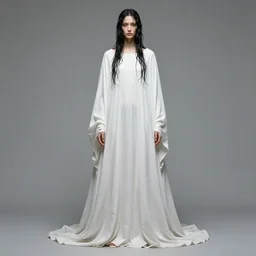 Harry Weisburd Artwork Black Wet Hair, Hachishakusama wearing a long absurd white gown, Eight-Feet-Tall, #One shot Goddess, Full Body abnormal
