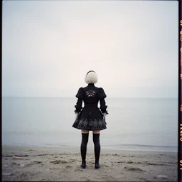 kodak portra 8 0 0, an invisible man standing looking into the distance on a dreamy beach from nier automata