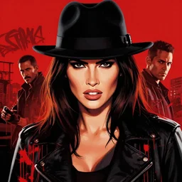 dream of a film still from sin city, closeup portrait of film noir angry megan fox private detective wearing a hat, detailed illustration, digital art, trending on artstation, frank miller, martin ansin, action movie poster, dripping paint, red on black, graffiti, gta v,