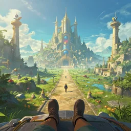 first person perspective digital illustration of Hyrule reimagined by indusgtrial light and magic:1|wide angle panoramic by beeple and Roger Dean, viewed from eye level:0.9|fantasy, horizontal symmetry, cinematic|Unreal Engine, Octane, finalRender, devfiantArt, artstation, artstation HQ, behance, HD, 16k resolution:0.8