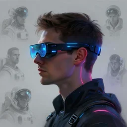 sillouete side view future coder man, sleek cyclops display over eyes and glowing headset, neon accents, holographic colors, desaturated headshot portrait digital painting by philip coles, ivan bilibin, dean cornwall, donato giancola, john berkey, astronaut cyberpunk electric lights profile