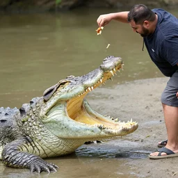 man throwing food into a giant sized crocodile's mouth