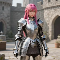 a masterpiece ultrarealistic ultradetailed photograph of a lifelike real anime girl that is dressed in steel plate armor, gorgeous, inside a stone brick castle courtyard, photoreal image, art by wlop, photoreal, colorful hair, highly rendered, blender, unreal engine, readable, extremely detailed, trending on artstation, sharp focus, 4 k, by artgerm