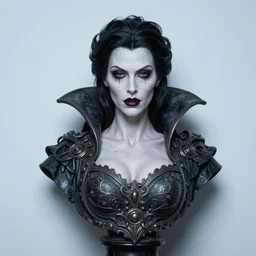 photo taken of an epic intricate, ultra detailed, super realistic bust of a majestic gracious regal aristocratic brunette female vampire created by weta workshop, menacing, some zoomed in shots, photorealistic, sharp focus, white wall, extremely cold blueish colour temperature, 3 5 mm, f 1. 4, golden ratio