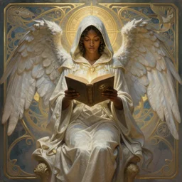 beautiful black woman, hooded angel reading from the book of life and death, intricate, d & d, wide shot, powerful, fantasy, art nouveau, digital painting, trending on artstation, sharp focus, wide shot, illustration, holy, divine, angelic beauty, global illumination, ray tracing, art by artgerm and greg rutkowski and ruan jia