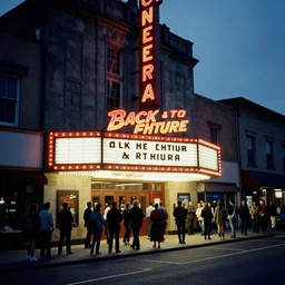 a photograph taken with anscochrome 2 0 0, street view of the new theater of the town, with a back to the future banner, a lot of people in a line to enter the theater, ultra detailed, almost night, 1 9 8 5,