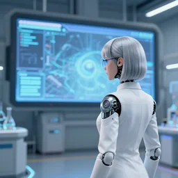 a scientist android girl with silver hair wearing white suit and glasses, facing a large screen inside a science facility by artgerm and wlop