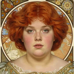 portrait of short and plump 5 0 - year - old woman with red hair and a kind face, wearing dress, hyper realistic face, beautiful eyes, close up, fantasy art, in the style of greg rutkowski, intricate, alphonse mucha, hyper detailed, smooth
