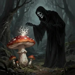 the grim reaper stealing the soul from a humanoid mushroom. Dark fantasy art by so-bin. Trending on artstation