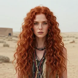 highly detailed portrait of a wasteland long curly red hair tribal lady, stray wiring by atey ghailan, james gilleard, by joe fenton, by greg rutkowski, by greg tocchini, by kaethe butcher, 4 k resolution, gradient red, orange, black and white color scheme!!! ( ( burning robotic dystopian city background ) )