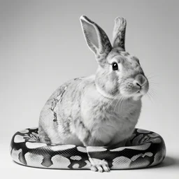 rare classified photo, black & white, studio lighting, a tall buffalo rabbit python, horns, real fur, real skin