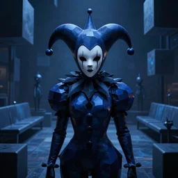 a cinematic fine portrait of an ominous faceless court jester from the dmt trip, angular, dark blue hypercubes, hyperdimensional entities, the waiting room, octane render, nvidia raytracing demo, masterpiece