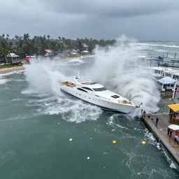 a biblical disaster costal tropical storm, yacht crashed in the marina, yacht stacked up, trash in the water everywhere, extreme wind gusts, flying debris, heavy rain, crashing waves, colored, photographic, reporter, live footage, bird's eye view, drone footage, breaking news, heavy rain, climate change, extreme weather, 3 5 mm lens
