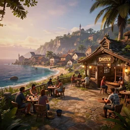 the new fantasy roleplaying metaverse location! virtual reality supported! come join us in the most popular in the metaverse! here is an incredible image from a seaside village at dusk! folks drinking outside the pub! welcome to the future! hyper - realistic, path tracing unreal engine 5. 0