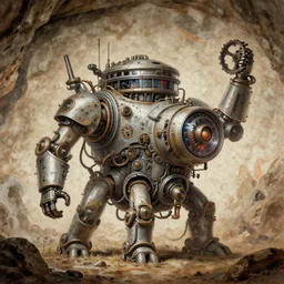 a prehistoric cave painting of a giant steampunk futuristic retrofuturistic machine