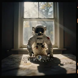 kodak portra 4 0 0, wetplate, extreme fish eye, moody still life 1 8 4 5 portrait by stanley kubrick of an astronaut, sparkling jewels between a sunlit window, in bright warm sunlight, godrays shinging through the window, golden summer, muted colours, haze, trees outside, no people