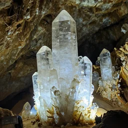 an enormous brightly lit cave filled with giant clear quartz crystal formations