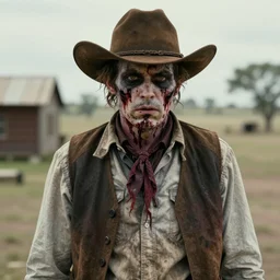 a western cowboy zombie with a serious expression