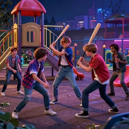 young punk rockers fighting against zombies at the playground, by baseball bat in the retro wave stranger things style, neon colors, hyper detailed, digital art, cinematic lighting, concept art by artgerm and greg rutkowski and caravaggio and moebius and jakub rebelka, 8 k