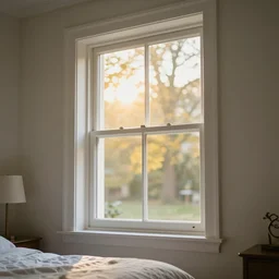 photo of interior design house, detail of a white window in a bedroom, view from bottom, sunday morning, sun, bokeh, flares, yellow light, professional photography, f 1. 2, 1 0 0 mm, depth of field