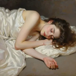 full - bodied portait of elegant and beautiful sleeping girl, with joyful expression, sleep on the floor, the silk textile covered her body, oil painting, high qulity realistic, hd, 8 k, trend in artstation, art by evan wilson