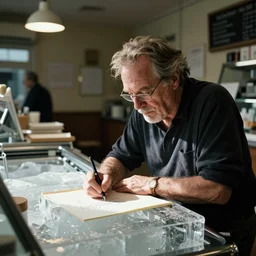 werner herzog working at ice cream parlor, drawing