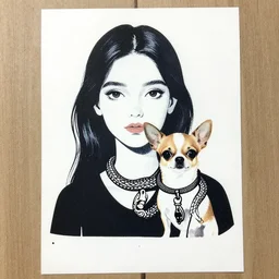 girl with a chihuahua with a boa around its neck, silk screen print, hand painted