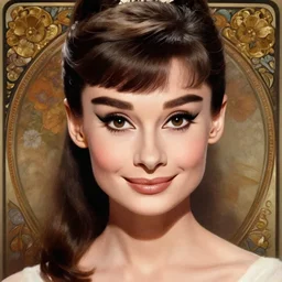 portrait of a young audrey hepburn, upper bust, seductive eyes, long hair, joyful smirk, intricate, elegant, highly detailed, digital painting, artstation, concept art, matte, sharp focus, illustration, art by artgerm and greg rutkowski and alphonse mucha