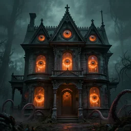 A Victorian House with big orange eyeballs staring out from the windows, Lovecraftian, 4k, masterpiece, cinematic, glowing, by Greg Rutkowski, Trending on Artstation, Behance. Polished. Eldritch. Eyeballs. Tentacles. Organic.