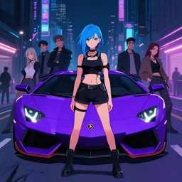 digital illustration of cyberpunk pretty girl with blue hair, standing in front of a purple lamborghini, in city street at night, by makoto shinkai, ilya kuvshinov, lois van baarle, rossdraws, basquiat