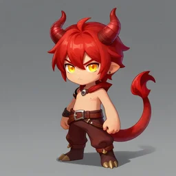 a red haired boy with golden eyes and demon horns and a spiked tail. By Taras Susak