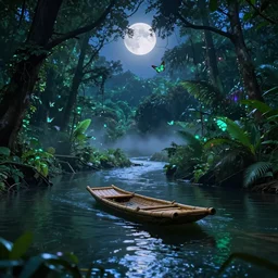 a dreamy and vibrant enchanting jungle river, with one small bamboo boat in the middle of the river, moonlit night dreamy atmosphere, highly detailed twigs and plants in the forest, bioluminiscent butterflies in the fog in a bokeh background, deep colors, photorealistic digital arts, cinematic, smooth, artstation, 8K