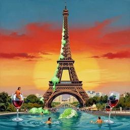 melting distorted eiffel tower icecream green and red, sunset, people swimming in wine glasses, painted by salvador dali
