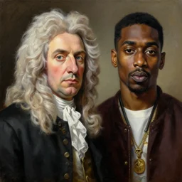 a classical portrait of sir isaac newton and tupac shakur, photorealistic oil on canvas, brilliant detail