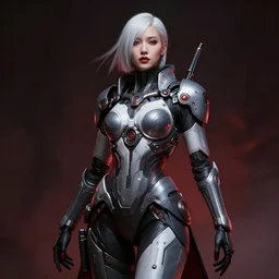 masterpiece concept art, a beautiful highly detailed sci - fi lady, confident pose, dark aesthetic, surreal, psychological, by jae lee, 8 k, intricate detail, cinematic lighting, red white and black colors