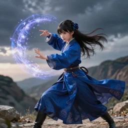 Photorealistic anime, A cute young sorceress in an elaborate deep blue robe fights using her magic