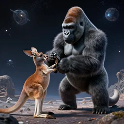 gorilla with the legs and face of a kangaroo playing enders game in space