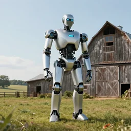 Amazing photorealistic digital concept art of a guardian robot in a rural setting by a barn, by James Clyne and Joseph Cross. Cinematic. LED lighting. Wide angle. Clean lines. Balanced composition.
