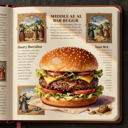 middle age illustrated recipe for hamburger ( ( ( ( a bigmac hamburger ) ) ) ) lot of medieval enluminures in the background explaining the recipe, schematic in a notebook