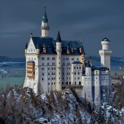 a painting of a castle in the middle of a snowy mountain, a detailed matte painting by andreas rocha and greg rutkowski, midnight, featured on artstation, fantasy art, matte drawing, matte painting, artstation hq