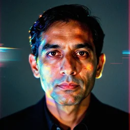 a close - up portrait of marcel duchamp with prismatic backlights, rimlight, refractions, futuristic, academic photography by irving penn and anish kapoor, 3 5 mm film grain, video compression, neon glitch, color bleed