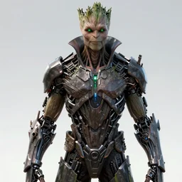 human goth groot ; adult male 3 0 years ; glowing green eyes ; smug ; sharp facial features ; slender ; vampire ; wearing high tech armour ; robot ; trending on artstation ; high detail ; digital art