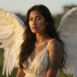 portrait of beautiful young angelic Maori female model, with facial tattoo,  golden hour lighting by William Adolphe Bouguereau